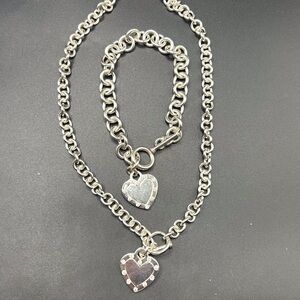 925 Sterling Silver Heart Charm Necklace and Bracelet Set